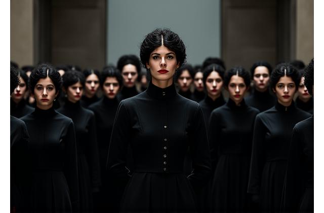 Actores en escena durante la representación de 'La Casa de Bernarda Alba' con vestuario tradicional y luz dramática.