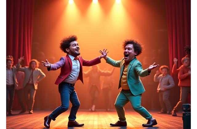 Escena de comedia, dos actores con expresiones exageradas y vestuario colorido en un set divertido.