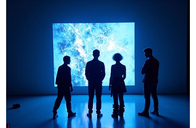 Actores jóvenes interpretando una obra contemporánea en un escenario minimalista con proyección de vídeo.