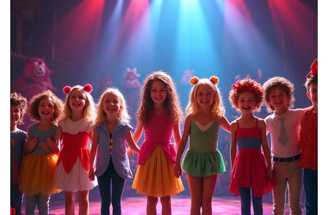 Grupo de estudiantes de teatro interpretando una obra infantil, todos sonriendo y con disfraces coloridos.