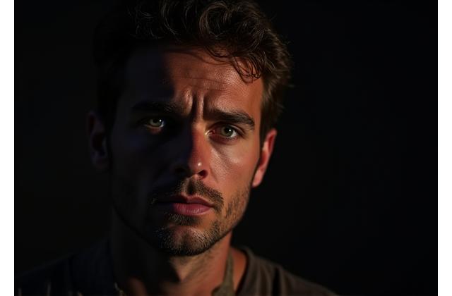 Actor en primer plano recitando un monólogo dramático, con iluminación teatral enfocada en su rostro.