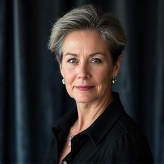 Retrato profesional de Elena Sanz, actriz y directora teatral con expresión seria y artística.