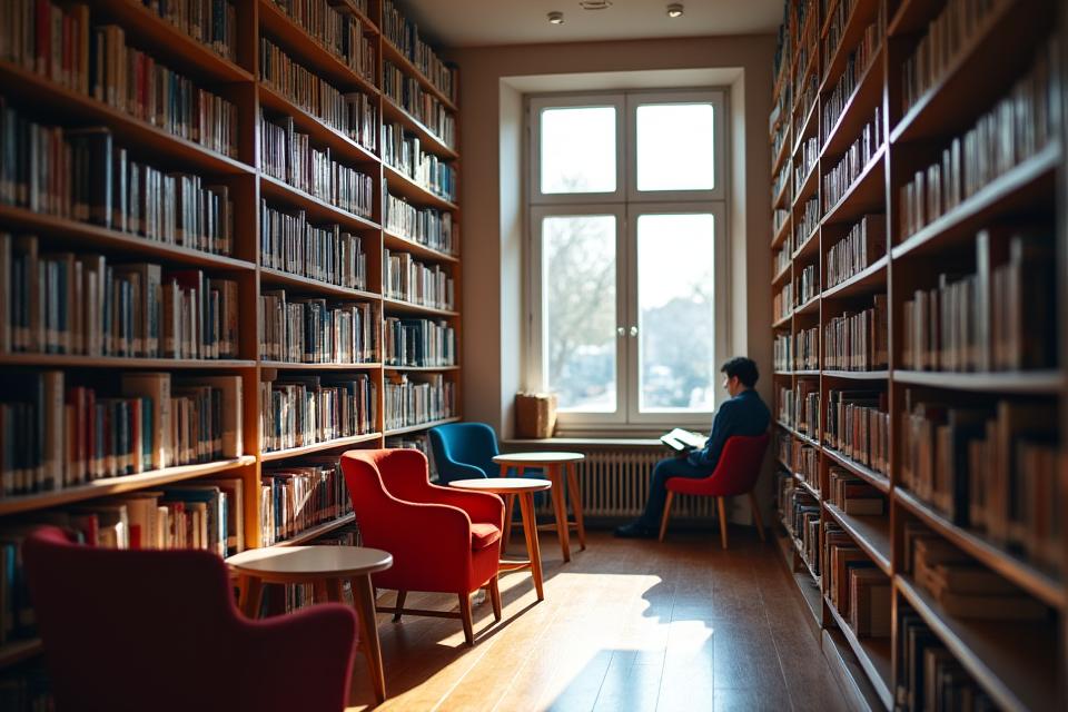 Biblioteca con estanterías llenas de guiones, libros de teatro y cine, y áreas de estudio cómodas.