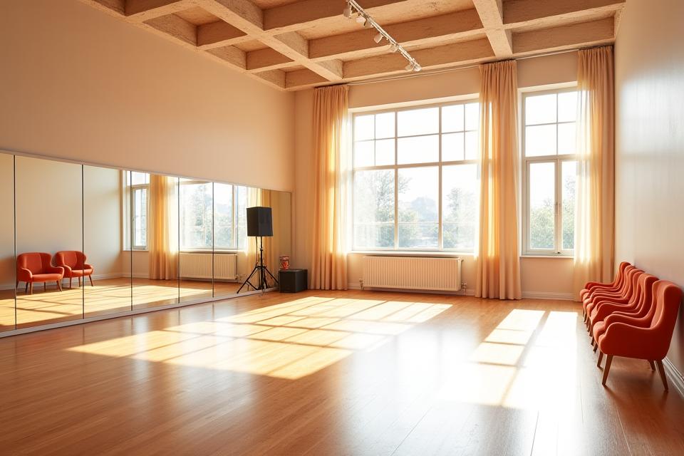 Amplio estudio de ensayo teatral con suelo de madera, espejos y buena iluminación.