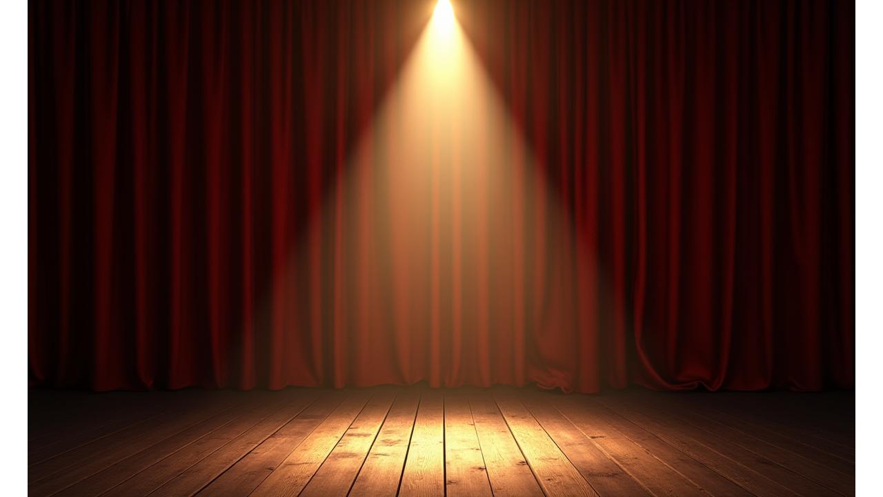 Un escenario teatral con telones rojos y una única luz de foco, simbolizando el comienzo y la evolución del arte dramático.
