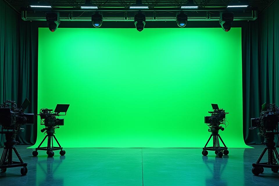 Plató de grabación de cine/TV con cámaras, focos y croma verde.