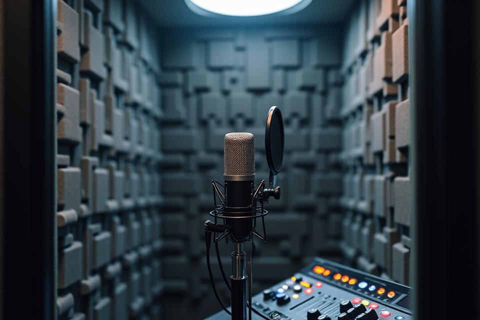Cabina insonorizada de doblaje y locución con micrófono de estudio y paneles acústicos.