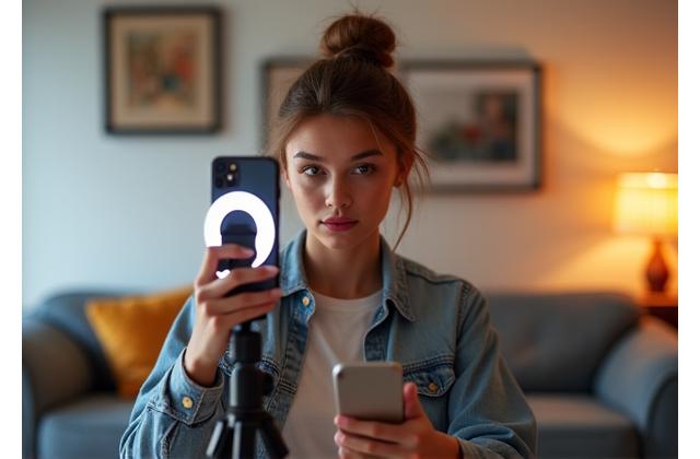 Un joven actor creando contenido en línea, grabando un video para redes sociales con un teléfono y un aro de luz.