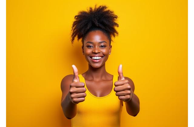 Una actriz sonriendo y levantando el pulgar en un casting de publicidad, transmitiendo energía positiva.