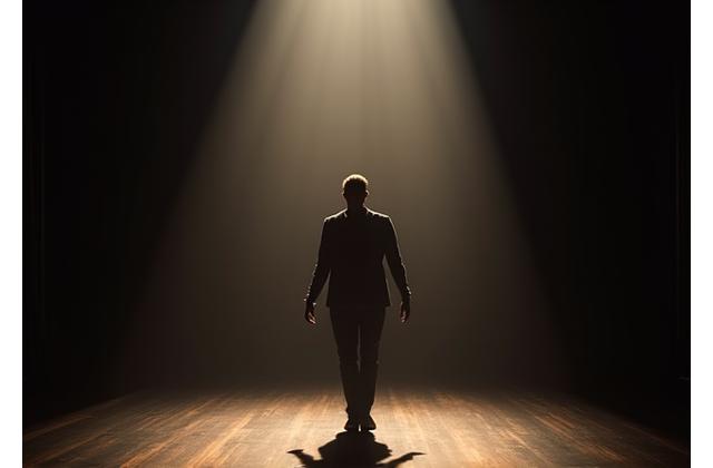 Un actor en un casting de teatro, con una pose dramática y gran proyección corporal en un escenario vacío.