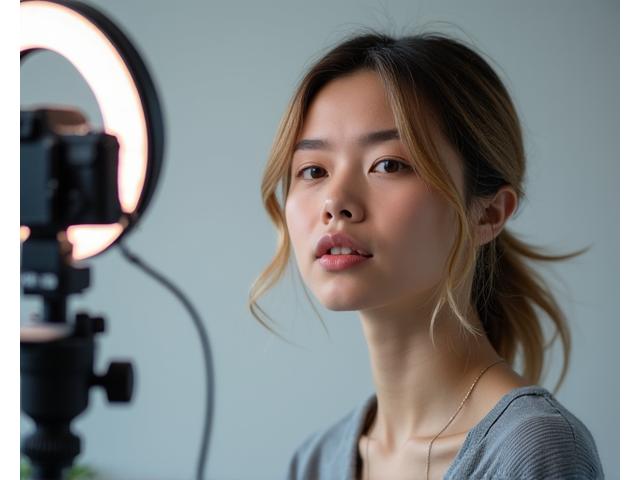 Un actor grabando un self-tape con una configuración profesional de cámara, trípode e iluminación suave.