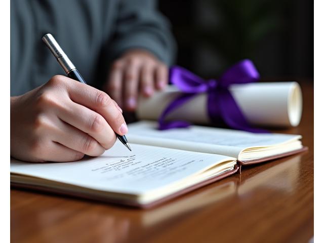 Mano escribiendo en un cuaderno junto a un diploma, simbolizando el compromiso académico y la formalidad de los estudios.