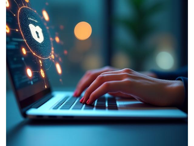 Persona tecleando en un ordenador portátil, con iconos de seguridad y conexión simbolizando el uso responsable de la web.